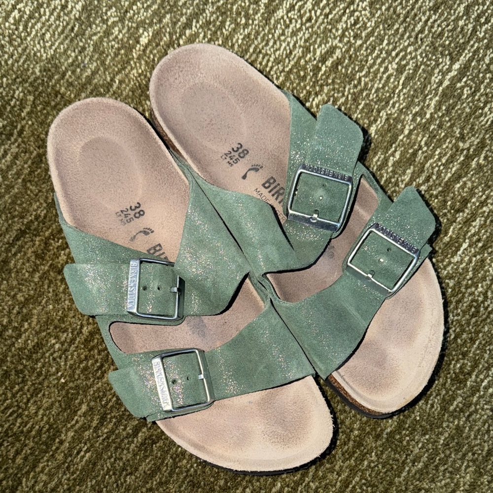 Birkenstock Arizona Suede Double Buckle Sandals in Sage Green - Picture 4 of 6